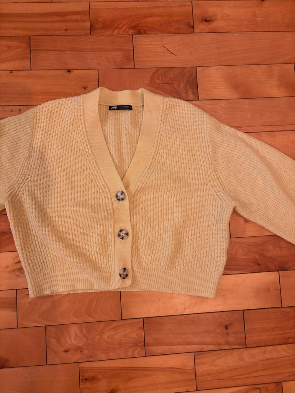 Zara Butter Yellow Ribbed V-Neck Cropped Cardigan